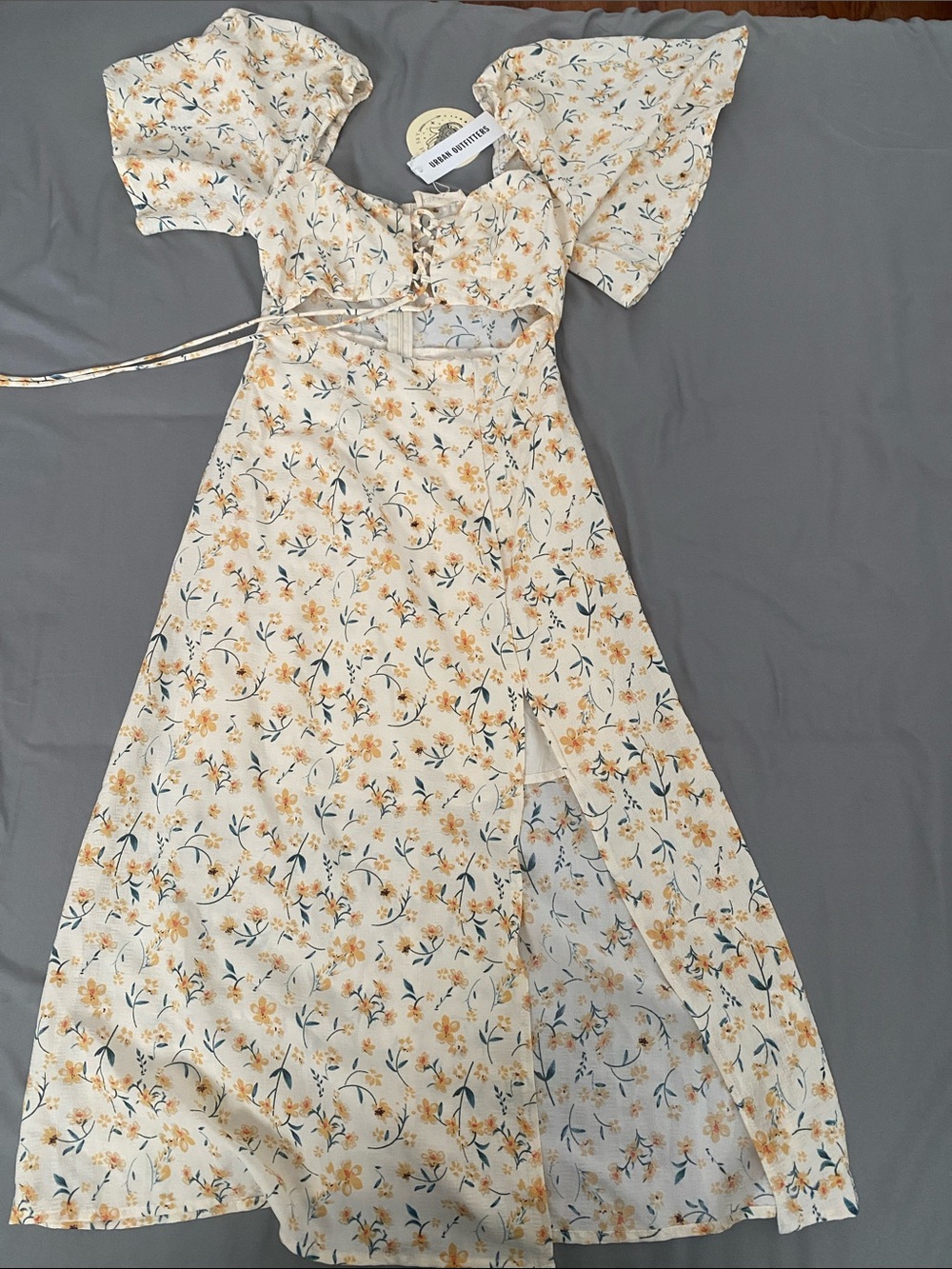 Floral Puff-Sleeve Cutout Maxi Dress - Cream & Yellow